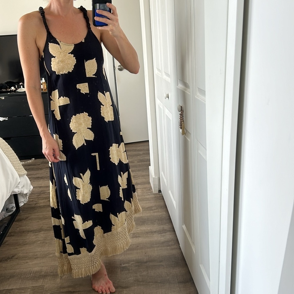 Tennis Floral Black and Cream Dress with Fringe size XS